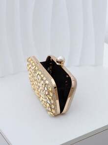 Dedoo Women's Gold Rhinestone Evening Clutch,Hard Shell Rectangular Handbag, Pearl Clasp,Shiny Leaf Pattern,Suitable For Weddings,Balls And Formal Occasions - Gold - View 8