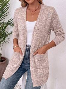 Women's Longline Knit Cardigan Sweater V-Neck Open Front Long Sleeve Patch Pockets Relaxed Fit Casual Elegant Fall Winter Commute Outerwear Vacation - Khaki - View 6