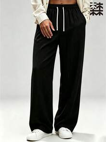 mulinsen Men's Black Linen Texture Loose Drawstring Pants, Lightweight Breathable Straight Leg Casual Long Pants, Street Style, Summer - Black - View 5