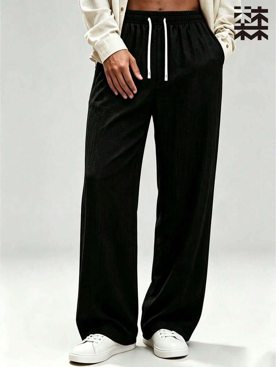mulinsen Men's Black Linen Texture Loose Drawstring Pants, Lightweight Breathable Straight Leg Casual Long Pants, Street Style, Summer - Black - View 1