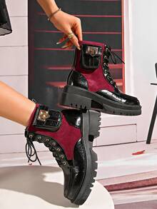 Black & Red Colorblock Patchwork Boots For Women, Side Pocket Metal Buckle Lace-Up Thick Sole Platform Boots, Height-Increasing Motorcycle Workwear Ankle Boots - Burgundy - View 4