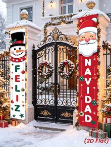 Feliz Navidad聖誕吊掛橫幅門廊裝飾牌與聖誕樹雪花圖案背景布,適用居家庭院室內外牆面門口派對裝飾 - 聖誕節C - 查看 2
