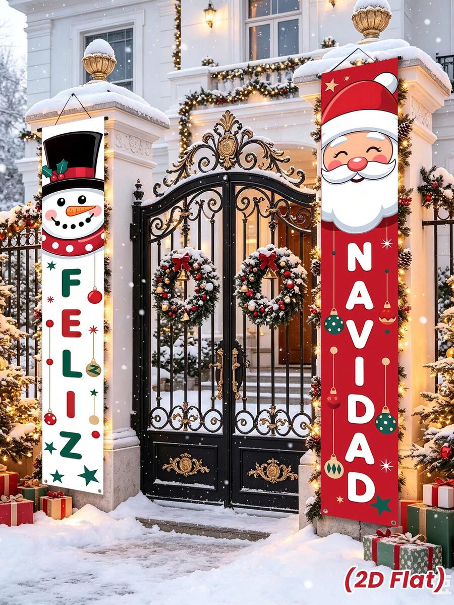 Feliz Navidad聖誕吊掛橫幅門廊裝飾牌與聖誕樹雪花圖案背景布，適用居家庭院室內外牆面門口派對裝飾