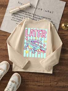 Girls Cute Crocodile LATER Letter Print Long Sleeve T-Shirt, Star Stripe Print Casual Top - Apricot - View 4