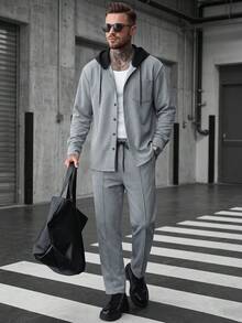 Plus Size Men's Hooded Jacket And Pants Set, Drawstring Hood, Contrast Splice, Drawstring Casual Pants, Versatile Casual Wear - Grey - View 1
