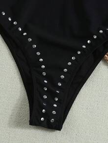 Baju Renang Terusan Wanita Model Musim Panas dengan Leher V Dalam dan Hiasan Berlian Imitasi, Modis, Elegan, dan Kasual, Sempurna untuk Pesta Liburan Pantai dan Kostum Halloween - Hitam - View 6