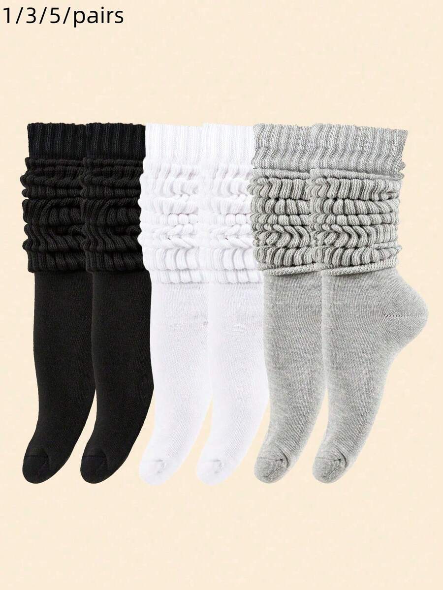 1/3/5 pares de calcetines de punto holgado de media pantorrilla de unicolor para mujer, calcetines suaves y transpirables de capas, calcetines casuales cálidos en negro, blanco y gris, adecuados para uso diario en otoño/invierno - Multicolor - Ver 1