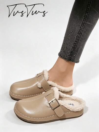 Women's New Winter Boken Ultra-Light Fleece Lined Half-Slip Thick Sole Loafers, Casual Retro Forest Punk Style, Essential For Dating And Vacation