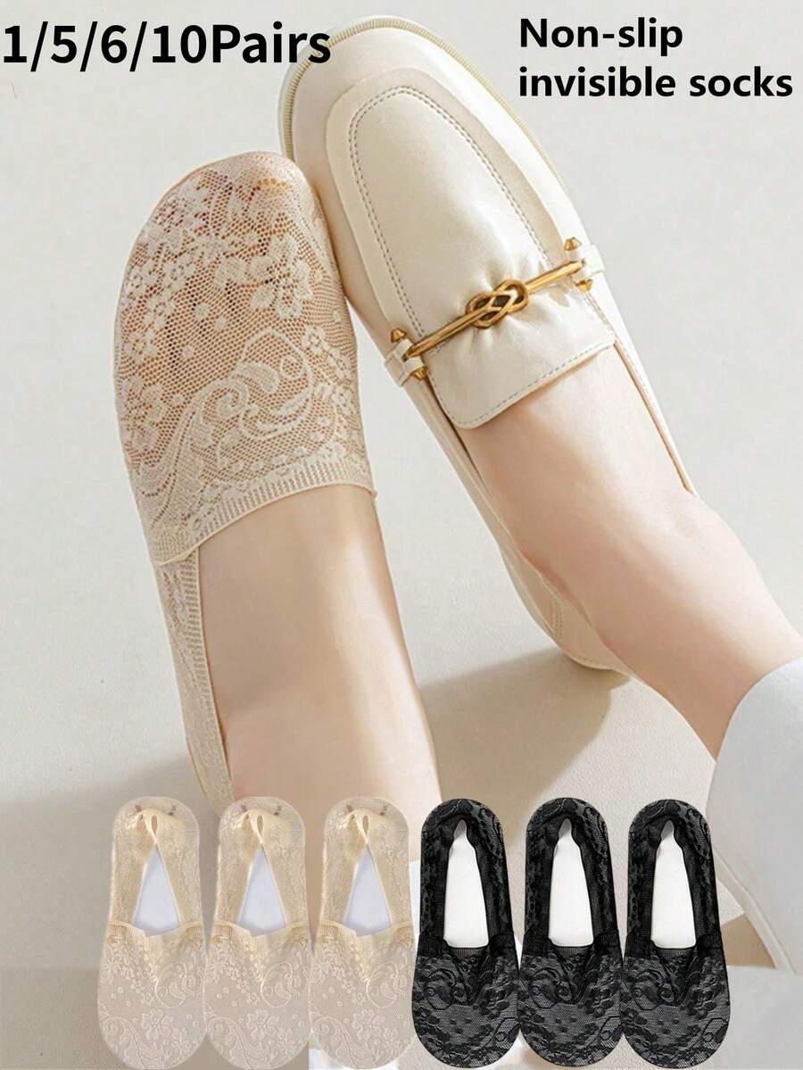 1/5/6/10 Pairs Women's Lace Invisible Socks, Sheer Invisible Boat Socks, Soft Lightweight Low-Cut Liner Socks, Suitable For Flats, High Heels, Daily Casual Wear - Multicolor - View 1