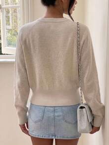 Women's Fall/Winter Gentle Style Solid Color Zip Up Crew Neck Knit Cardigan, Slim Fit Flattering Versatile Casual Top For Daily Office Commute Wear - Apricot - View 6