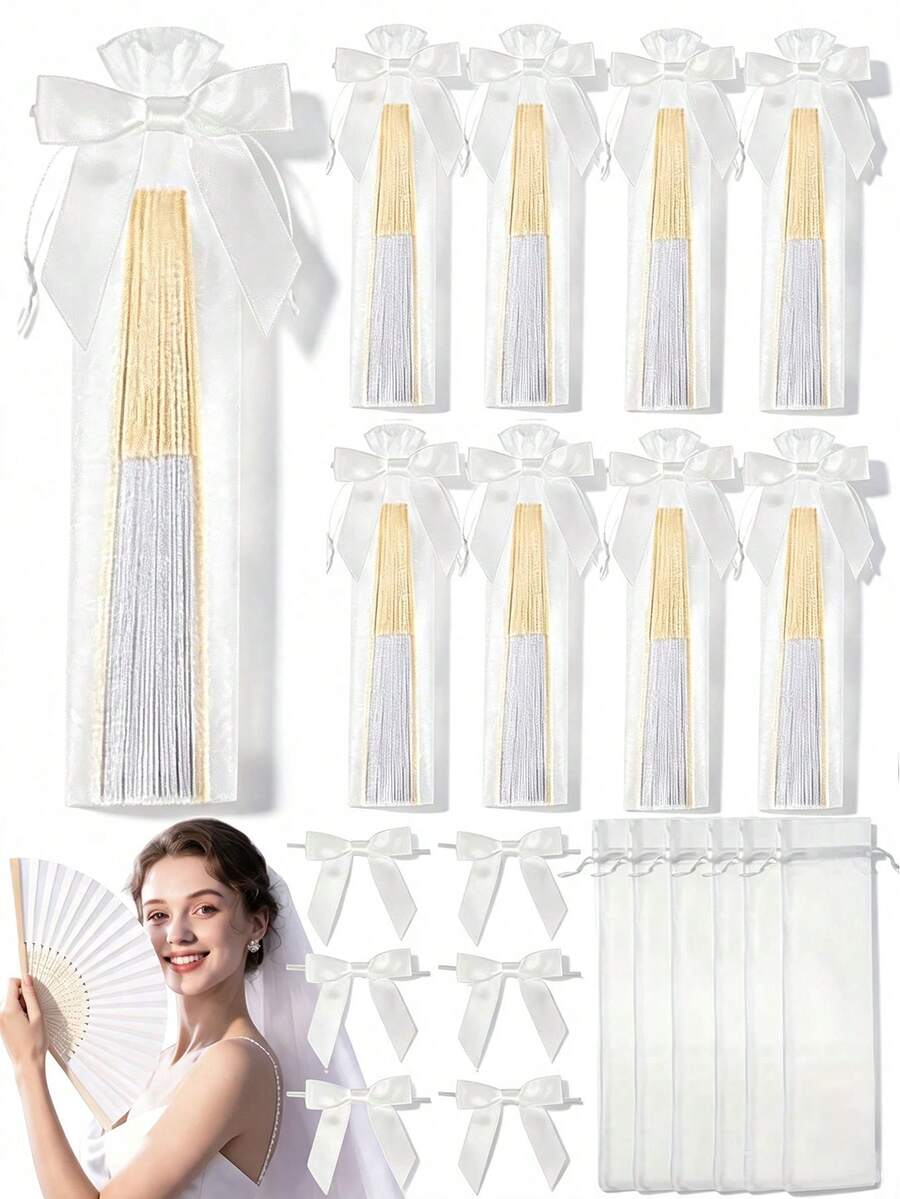 1pc/5pcs/10PCS Bamboo Folding Fan With White Bow, Handmade Hand Fan, Wedding Party Favor, Bridal Dance Fan, Church Ceremony Decor, Gift Accessory - Multicolor - View 1
