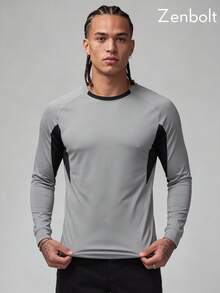Zenbolt Men's Colorblock Raglan Sleeve Slim Fit Sports T-Shirt, Long Sleeve Crew Neck Workout Athletic Top,For Training Outdoor Sports Wear - Light Grey - View 4