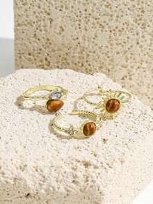 3 piezas de anillos vintage de piedra de ojo de tigre falso Maillard, anillos abiertos con sol, estrella, gota de agua y strass, joyería apilable para mujer para uso diario - Dorado - Ver 2