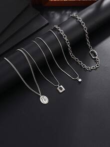 4pcs/Set American Vintage Multi-Layer Stacked Men's Necklace, Distressed Silver Saint Medal Square Rhinestone Carabiner Hip-Hop Accessory - White K - View 7