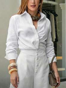 White Linen Front Cross Shirt, Women's Casual Long Sleeve Button Detail Top - White - View 3