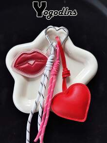 Yogodlns Flame Sexy Red Lips Keychain, Creative Bag Leather Heart Pendant Charm, Valentine's Day Gift Accessory, Creative Minimalist Rope Pendant - Multicolor - View 1
