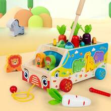 1 Set Solid Wood 7-In-1 Multifunctional Pull Cart Toy, Carrot Pulling, Fishing Game, Animal Shape Matching, Dragging, Learning To Walk, Push Cart, Multi-Way Play, Educational Enlightenment, Parent-Child Interaction, Role Play Toy For Infants And Toddlers - Multicolor - View 9
