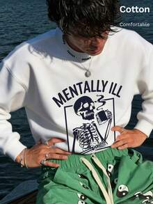 تي شيرت رجالي خفيف، طباعة جمجمة "MENTALLY ILL"، أسلوب Y2K - أبيض - مشاهدة 9