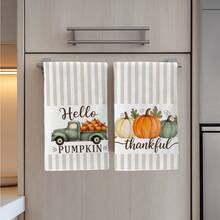 2PCS Kitchen Towels Valentine's Day Simple Striped Green Truck Pumpkin Print Microfiber Absorbent Kitchen Towels, 40*60cm Rectangular Dish Cloth, Tablecloth, Hand Towel, Kitchen Decor, Neighbor Housewarming Gift, Kitchen Napkins And Dish Cloth, Home Decor - Grey - View 7