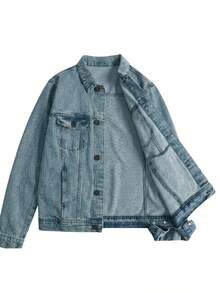 Chaqueta vaquera casual de corte ajustado para hombre, chaqueta acolchada a cuadros con estilo retro lavado: el regalo ideal para padres, hermanos y novios en sus cumpleaños o vacaciones. - Light Blue - Ver 6