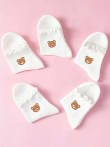 5 Pairs Random Cute Bear Print Baby Socks, Soft Breathable Mid-Calf Socks, Girls Toddler Style, Ruffle Cuff, All-Season Versatile Back To School - Multicolor - View 9