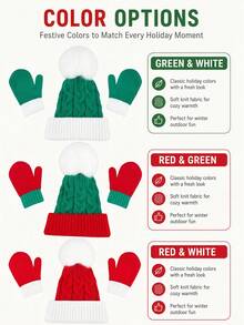 3PCS 6-36M Christmas Knitted Hat, Autumn/Winter Warm Pom Pom Hat, Gloves Set, Children's Knitted Hat And Gloves - 3PCS - View 2