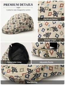 1pc Unisex Spring/Autumn Vintage Newsboy Cap, Colorful Geometric Butterfly Print Flat Top Hat, Adjustable Metal Buckle, Soft Lining Breathable Beret, Daily Outdoor Travel Accessory - Butterfly Print - View 2