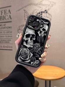 1pc Fashionable Black Rose Skull Pattern Lens Protection Thick Anti-Fall Anti-Fingerprint Black Diamond Sand Phone Case, Strong Protection, High Fashion, Suitable For Men And Women, Ideal Choice For Fashion Enthusiasts, Minimalist And Stylish, Compatible With Apple/Transsion/HONOR/ - Black - View 1