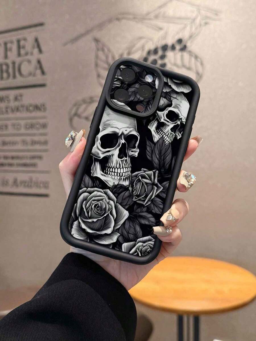 1pc Fashionable Black Rose Skull Pattern Lens Protection Thick Anti-Fall Anti-Fingerprint Black Diamond Sand Phone Case, Strong Protection, High Fashion, Suitable For Men And Women, Ideal Choice For Fashion Enthusiasts, Minimalist And Stylish, Compatible With Apple/Transsion/HONOR/ - Black - View 1