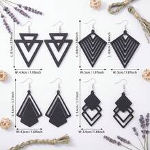4 Pairs Bohemian Style Black Geometric Wooden Dangle Earrings For Women - Earrings - View 3