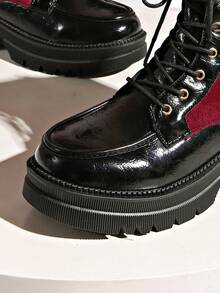 Black & Red Colorblock Patchwork Boots For Women, Side Pocket Metal Buckle Lace-Up Thick Sole Platform Boots, Height-Increasing Motorcycle Workwear Ankle Boots - Burgundy - View 6