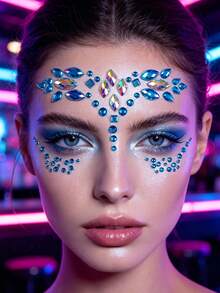1pc Ocean Blue Iridescent Crystal Face Rhinestone Stickers, Self-Adhesive Rhinestone Face Stickers, Crystal Stickers, Suitable For Music Festival, EDM Party, Carnival, Halloween Makeup Decoration - Multicolor - View 4