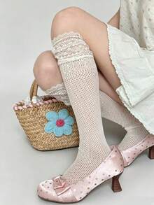 Lace Trim Mid-Calf Slouch Socks For Girls, Summer Thin Ice Silk Pearl Socks, Long Socks To Match Mary Jane Shoes - Multicolor - View 4
