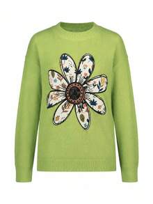Women's Green Ribbed Knit Polyester Long Sleeve Pullover Sweater, Bright Floral Pattern, Suitable For Autumn/Winter Casual Daily Wear Fall - Green - View 10