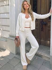 Women Autumn Cream Knit 2 Pieces Outfit Round Neck Button Front Cardigan Wide Leg Pants Long Sleeve Ribbed Hem Casual Sweater Set - White - View 6
