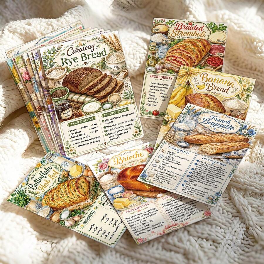 25pcs Vintage Bread Making Recipe Cards, Illustrated Bread Baking Guide Cards With Ingredients & Instructions, Kitchen Reference Cards, Gift For Home Bakers & Bread Lovers - Multicolor - View 1