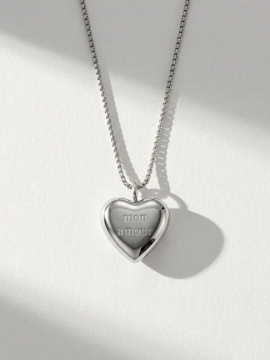 1件不锈钢镂空心形吊坠项链,刻有“Mon Amour”字样,男女皆宜的18K镀金项链,适合日常佩戴和约会,情人节礼物 - 銀色 - 查看 1