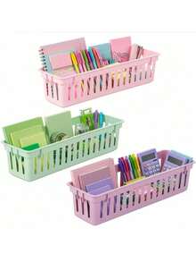 1/3/6pcs Classroom Pencil Storage Basket, Stackable, Durable Plastic Stationery Organizer Box, 25.5x7.5x6cm Colorful Pen Holder Storage Box, Multipurpose Desk Accessories For Teachers, Students, Home Learning, Office, Back To School - Multicolor - View 4