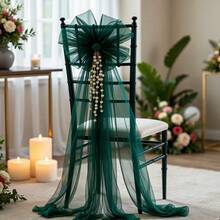 10pcs Wedding Decoration Gauze Ribbons, Chair Back Decoration Bands, Rectangular Mesh Fabric, Rustic Style Photography Props, Elegant Anniversary Dinner, Graduation Party, BBQ Ceremony, Reception Decoration, Christmas Decoration - Dark Green - View 2