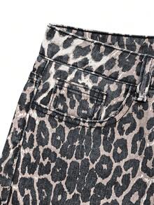 Soulscape Women's Casual Leopard Print Straight Leg Jeans, Non-Stretch Long Denim Pants With Button And Pocket Details, Fashion Petite Collection Vacation Fall - Multicolor - View 9