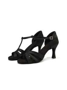 Sepatu Dansa Latin Wanita dengan Tali T, Gesper Berlian Imitasi, Potongan Terbuka, dan Ujung Terbuka, Sepatu Salsa Ballroom. - Hitam - View 2