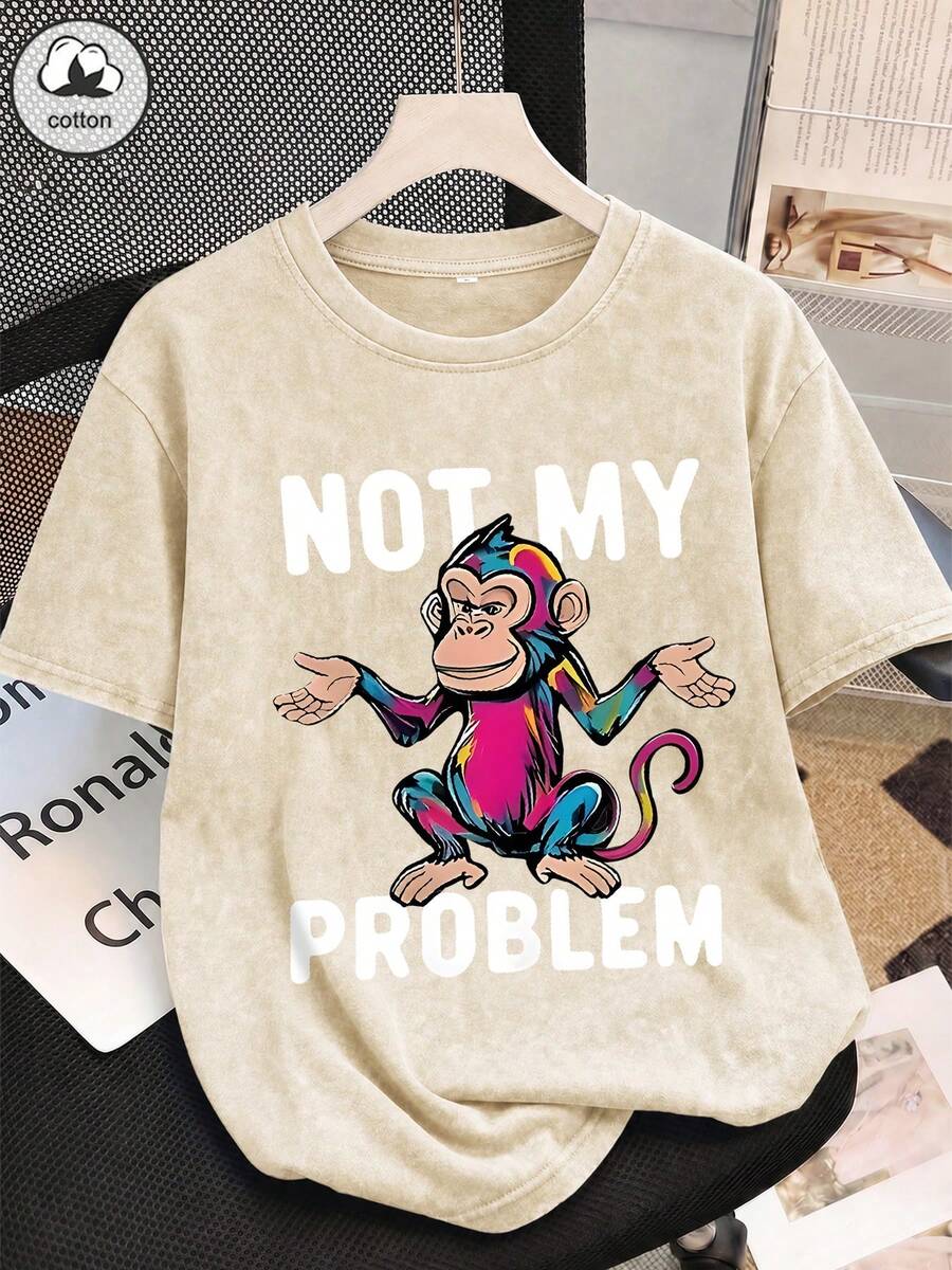 棉質夏季女款 Not MY PROBLE 塗鴉猴子圖案印花街頭 Y2K 風格黑色短袖大尺碼水洗 T-shirt 上衣 - 白色 - 查看 1