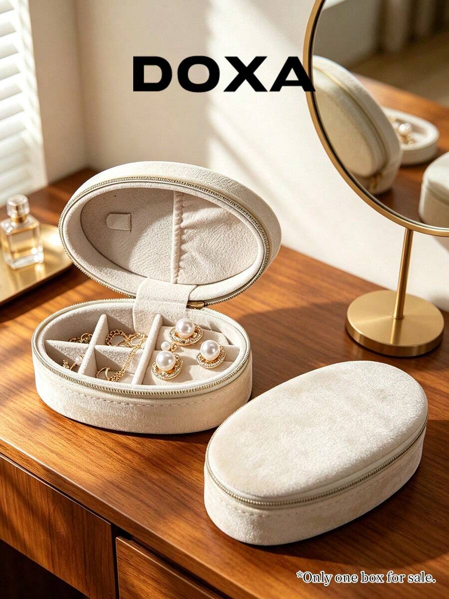 DOXA 奶油絲絨橢圓形旅行珠寶收納盒,拉鍊隔層戒指與耳環收納盒,僅空盒 - 白色 - 查看 1