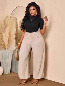 BIUBIU Plus Size Knitted Fabric Jogger Pants, Long Length With Medium Stretch, Ruched High Waist, Casual And Comfortable For Fall, New Fall Styles - Apricot - View 5
