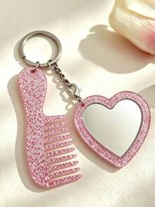 Acrylic Glittering Heart-Shaped Mirror, Comb Set, Keychain, Bag, Pendant, Exquisite Essential Makeup Items For Girls - Love - View 12