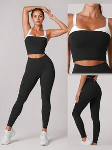 Sodalemon Women's Colorblock Gym Set, Removable Padded V-Neck Seamless Front Yoga Leggings And Workout Tank Top, 2-Piece Set For Running And Fitness - Black - View 8