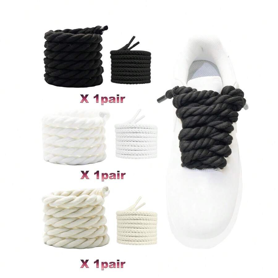 6雙/3組 8mm+5mm 手工棉繩鞋帶，適合日常更換，適用於滑板鞋與運動鞋