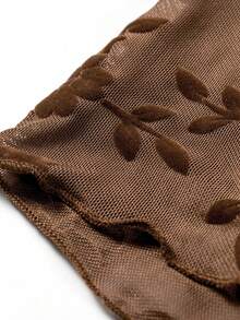 Acelitt Brown Floral Embossed Waffle Knit Slim Fit Long Sleeve Top, Wavy Hem Casual Round Neck T-Shirt - Brown - View 7