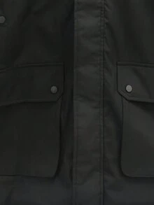Commuter Style Solid Color Workwear Padded Coat, Flap Large Pockets, Vertical Hidden Pockets, Metal Snap Button Design, Loose Fit Top - Black - View 6