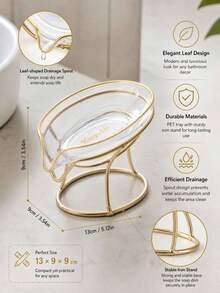 1pc Leaf-Shaped Soap Dish With Metal Stand, Luxury Modern Style, PET Tray + Iron Frame, Drainage Hole Design, Gold Rim Letter Detail, Bathroom Soap Storage Decor, Size 13*9*9cm, Suitable For Home, Apartment, Hotel, Rental Bathroom Vanity - Soap Dish - View 3